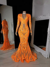 Load image into Gallery viewer, Prom Dress 2023 Ideas Mermaid/Trumpet V Neck Long Sleeves Lace See-Through