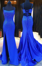 Load image into Gallery viewer, Prom Dress 2023 Ideas Mermaid/Trumpet Spaghetti Strap Tie Back with Slit