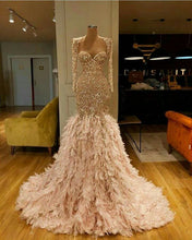 Load image into Gallery viewer, Prom Dress 2023 Luxurious Mermaid/Trumpet V Neck Long Sleeves Sequin with Feathers