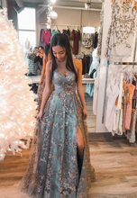 Load image into Gallery viewer, Pretty Prom Dress 2023 Spaghetti Straps Appliques with Slit