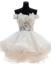 Load image into Gallery viewer, Red Homecoming Dress 2022 Off Shoulder Short Sleeves A Line Ruffles with Appliques