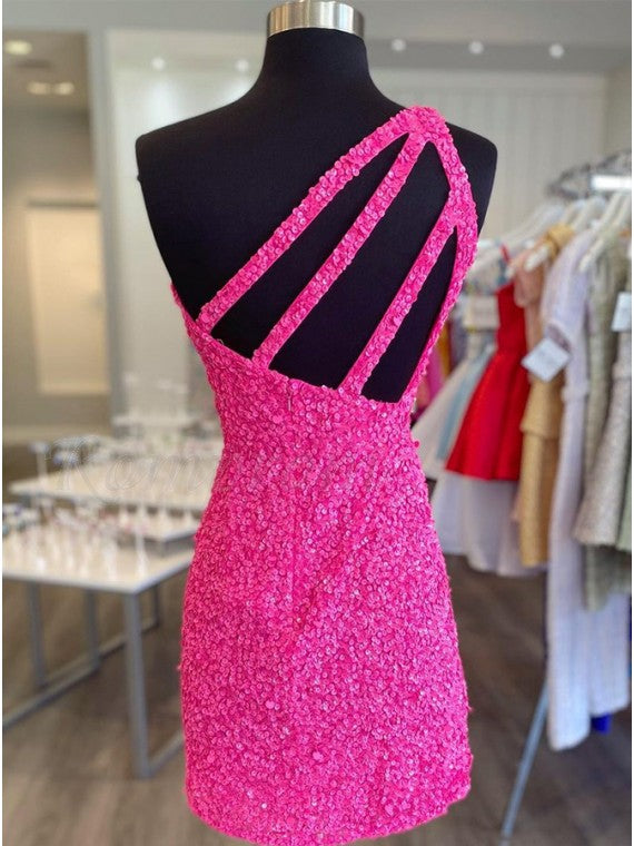 open lace back dress Pink Homecoming Dress 2022 Bodycon Short One Shoulder Sleeveless Corset Back with Sequin 24W / Custom Color