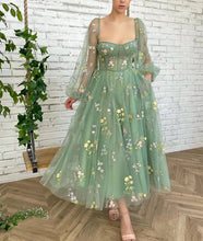 Load image into Gallery viewer, Prom Dress 2023 A-line Square Neck Long Sleeves Tulle Embroidery Floral Puffy