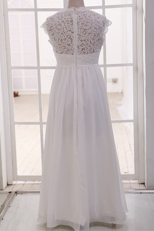 A-Line Wedding Dresses Cap Sleeve Floor Length Lace Chiffon Back Zipper Illusion 2021 White / 20W