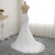 Load image into Gallery viewer, Mermaid/Trumpet Wedding Dresses Cap Sleeve Court Train V Back Tulle Illusion Vintage with Appliques 2021