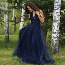 Load image into Gallery viewer, Navy Tulle Overlay Jersey Long Convertible Bridesmaid Dress