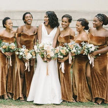 Load image into Gallery viewer, Off the Shoulder Bronze Gold Velvet Long Bridesmaid Dress Mermaid with Slit