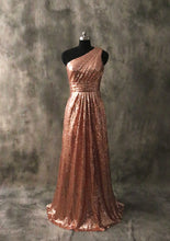Load image into Gallery viewer, One-shoulder Rose Gold Sequin Long Bridesmaid Dress 2020