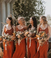 Load image into Gallery viewer, Burnt Orange Chiffon Long Bridesmaid Dress 2020 Sheath Spaghetti Straps