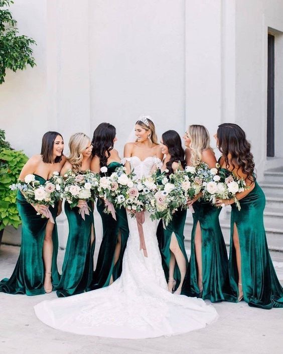 Emerald Green Velvet Bridesmaid Dress 2021 Sweetheart Maxi Dress with Slit & Horsehair Hem Custom Color / Custom Size