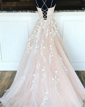 Load image into Gallery viewer, Prom Dress 2023 Elegant A-line Spaghetti Straps Crisscross Back Tulle with Appliques