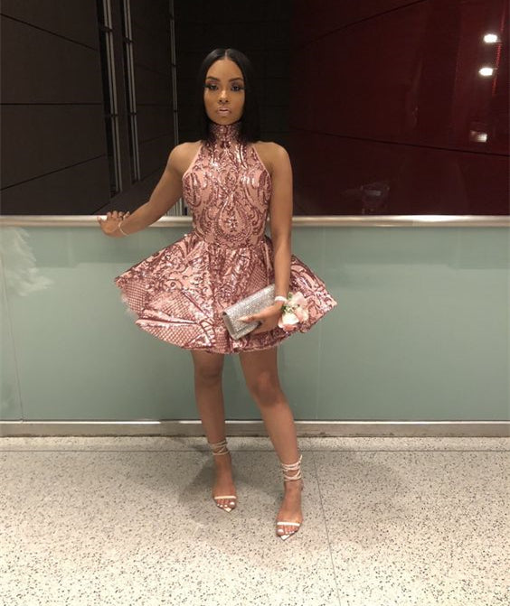 homecoming dresses black people Girl Dress 2022 Short skirt Tier Beautiful back sleeveless Halter Neck with Sparkle For Dresses Versatile Usage GRADIENT SPIKE HALTER DRESS Color:E754 Dark Blue