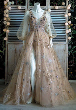 Load image into Gallery viewer, Puffy Sleeves Prom Dress 2023 Tulle Satin with Slit V Neck