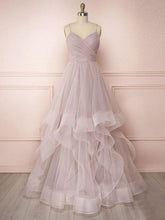 Load image into Gallery viewer, Pink Prom Dress 2023 A-line V Neck Spaghetti Straps Tulle with Ruffles