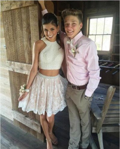Pearls Ivory Lace Nude Lining Homecoming Dress 2020 Custom Color / 12 Pearls Ivory Lace Nude Lining Homecoming Dress 2020 Custom Color / 12