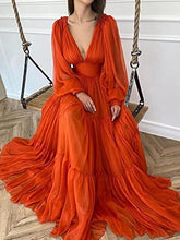 Load image into Gallery viewer, Long Prom Dress 2023 A-line V Neck Puffy Long Sleeves Lace Up Back Tulle with Pleats