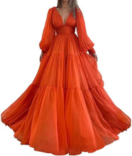Load image into Gallery viewer, Long Prom Dress 2023 A-line V Neck Puffy Long Sleeves Lace Up Back Tulle with Pleats