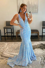 Load image into Gallery viewer, Sequin Prom Dress 2023 for Women Mermaid Plunging Neck Straps with Pleats Sparkle&Shine
