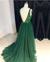 Load image into Gallery viewer, Emerald Green Prom Dress 2021 Sequin Tulle Maxi Evening Dress