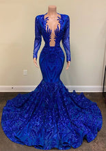 Load image into Gallery viewer, Black Girl Prom Dress 2022 Blue Sequin Mermaid with Long Sleeves