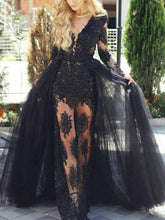 Load image into Gallery viewer, Deep V-neck Black Lace Long Prom Dress 2021 Halloween Dress with Long Sleeves &amp; Tulle Cape