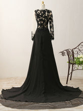 Load image into Gallery viewer, Illusion Scoop Black Lace Tulle Chiffon Long Prom Dress 2021 Halloween Dress with Long Sleeves