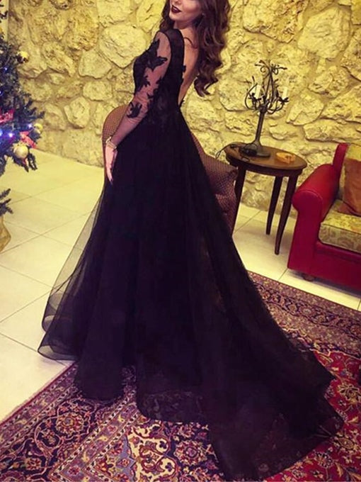 Black Lace Tulle Maxi Prom Dress 2021 Halloween Dress with Long Sleeves Same as sample / Custom Size Black Lace Tulle Maxi Prom Dress 2021 Halloween Dress with Long Sleeves Same as sample / Custom Size
