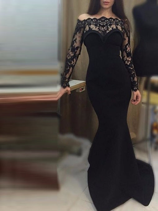 Black Lace Satin Long Prom Dress 2021 Halloween Dress with Long Sleeves Custom Color / 14 Black Lace Satin Long Prom Dress 2021 Halloween Dress with Long Sleeves Custom Color / 14