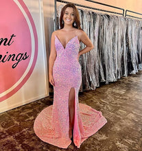 Load image into Gallery viewer, Pink Prom Dress 2023 Mermaid V Neck Corset Back Sleeveless Sequin with Slit