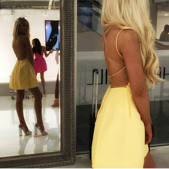 Yellow Homecoming Dress 2021 A Line Sleeveless Short / Mini Satin Lace   AnnaCustomDress