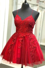 Load image into Gallery viewer, Red Homecoming Dress 2021 A Line Sweetheart Spaghetti Strap Short Sequin Tulle Lace with Appliques