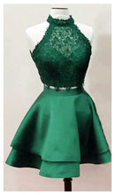 Load image into Gallery viewer, Green Homecoming Dress 2021 A Line Sleeveless Halter Neck Two Piece Short Lace Satin Illusion Summer