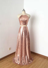 Load image into Gallery viewer, Trendy Prom Dress 2023 Two Piece A-line Pink Halter Neck Glitter with Pleats Spakle&Shine