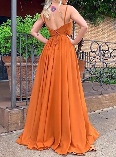 Burnt Orange Chiffon Bridesmaid Dresses Corset Back Adjustable Spaghetti  Straps Maxi Dress with Slit