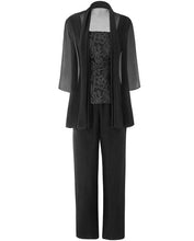 Load image into Gallery viewer, Three Pieces Mother Of The Bride Pantsuits Lace Top 3/4 Sleeves  Chiffon Illusion Short Outfit Womens Dress Plus Size