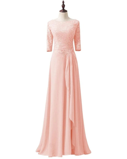knee length dresses for ladies Pink Half Sleeves Off Shoulder Lace Tulle A-line Long Prom Dress with  Appliques, MP323 main image 1