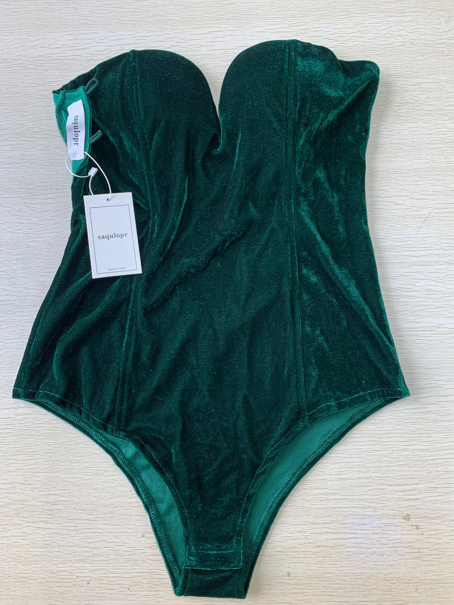 Saqulopr Bodysuit Halloween Emerald Green Velvet Leotard Corset Back