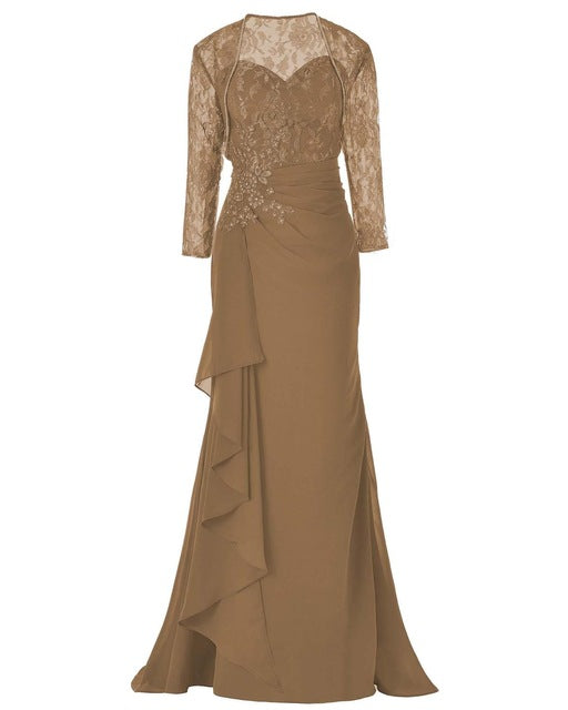 Elegant Lace Three Quarters Sleeves Gown Mother Of the Bride Groom Dress With Jacket For Wedding Party 18W / Brown Elegant Lace Three Quarters Sleeves Gown Mother Of the Bride Groom Dress With Jacket For Wedding Party 18W / Brown