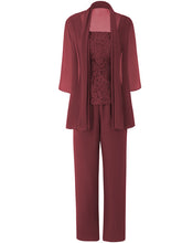 Load image into Gallery viewer, Three Pieces Mother Of The Bride Pantsuits Lace Top 3/4 Sleeves  Chiffon Illusion Short Outfit Womens Dress Plus Size