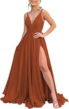 Load image into Gallery viewer, Burnt Orange Chiffon Bridesmaid Dresses Corset Back Adjustable Spaghetti Straps Maxi Dress with Slit