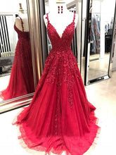 Load image into Gallery viewer, Red Prom Dress 2022 Long Sleeveless Tulle with Lace appliques