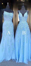 Load image into Gallery viewer, Long Prom Dress 2022 Blue Spaghetti strap with Lace Appliques