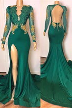 Load image into Gallery viewer, Trendy Prom Dress 2022 Mermaid Beautiful back High Slit Long Sleeves Chiffon with lace appliques