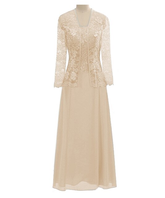A Line Long Sleeves Lace Cut Out Formal Gown Chiffon Mother of The Bride Dress with Jacket for Wedding Party 24W / Champagne A Line Long Sleeves Lace Cut Out Formal Gown Chiffon Mother of The Bride Dress with Jacket for Wedding Party 24W / Champagne