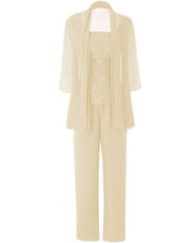 Load image into Gallery viewer, Three Pieces Mother Of The Bride Pantsuits Lace Top 3/4 Sleeves  Chiffon Illusion Short Outfit Womens Dress Plus Size