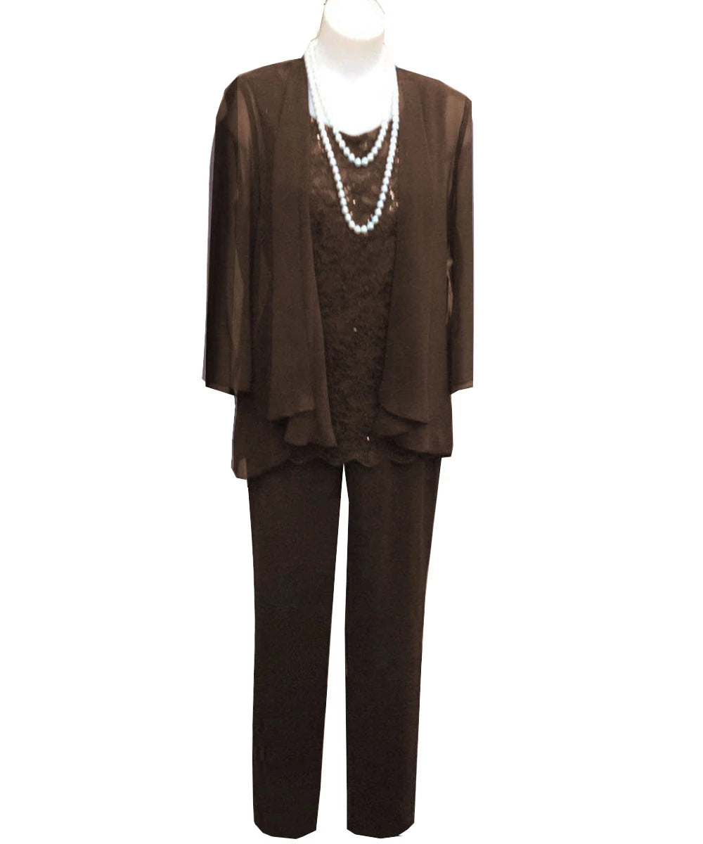 women dress pants suits Women 3 Pieces Lace Chiffon Mother Of The Bride Dress Pants Suit With Jacket Outfit 3/4 Sleeves For Wedding Groom 18W / Coffee