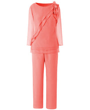 Load image into Gallery viewer, Pink bow-knot Mother of the Groom Dress Pantsuits Womens Chiffon 2 Pieces Pant Set Suit Formal Wedding Tiered Top