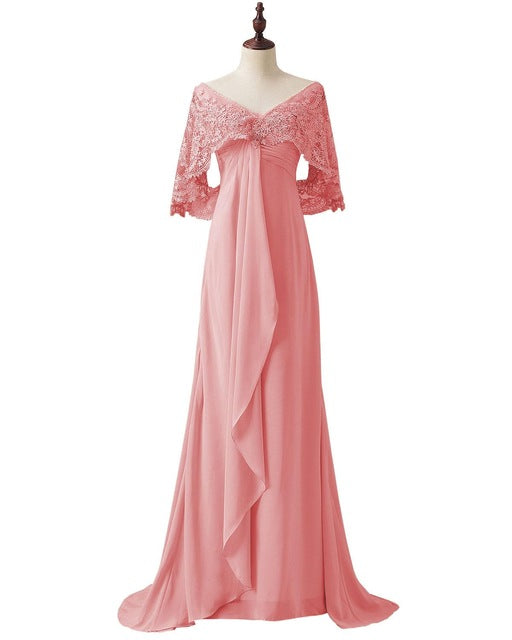 V Neck Bodycon Ruffles Elegant Short Sleeves Lace Mother Of the Bride Dress For Wedding Party Chiffon Formal Long Evening Dress 6 / Coral