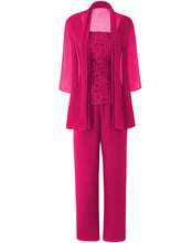 Load image into Gallery viewer, Three Pieces Mother Of The Bride Pantsuits Lace Top 3/4 Sleeves  Chiffon Illusion Short Outfit Womens Dress Plus Size