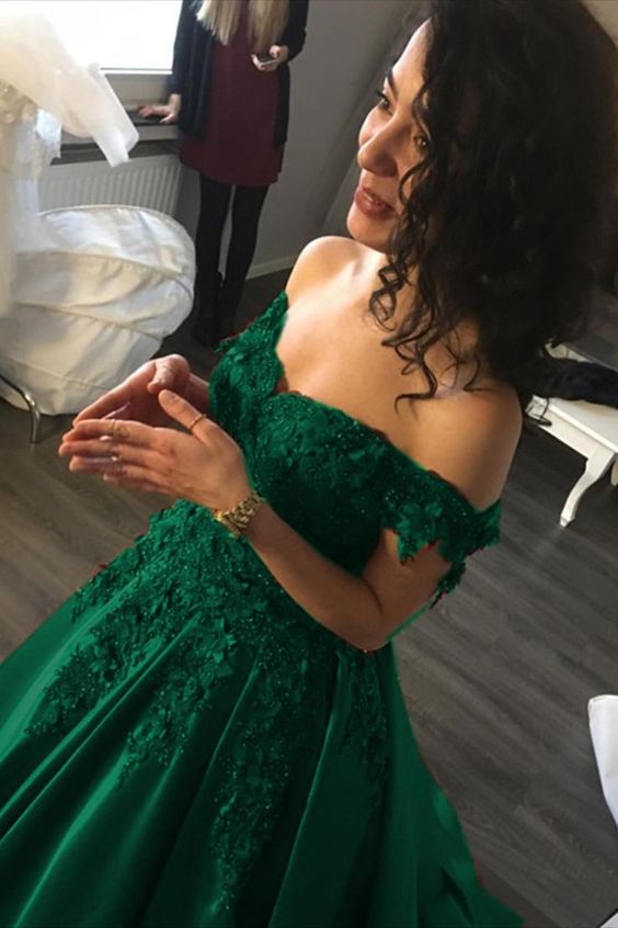 Ball Gown Green Prom Dress 2022 Off-shoulder Satin with Embroidery Custom Color / 6 Ball Gown Green Prom Dress 2022 Off-shoulder Satin with Embroidery Custom Color / 6